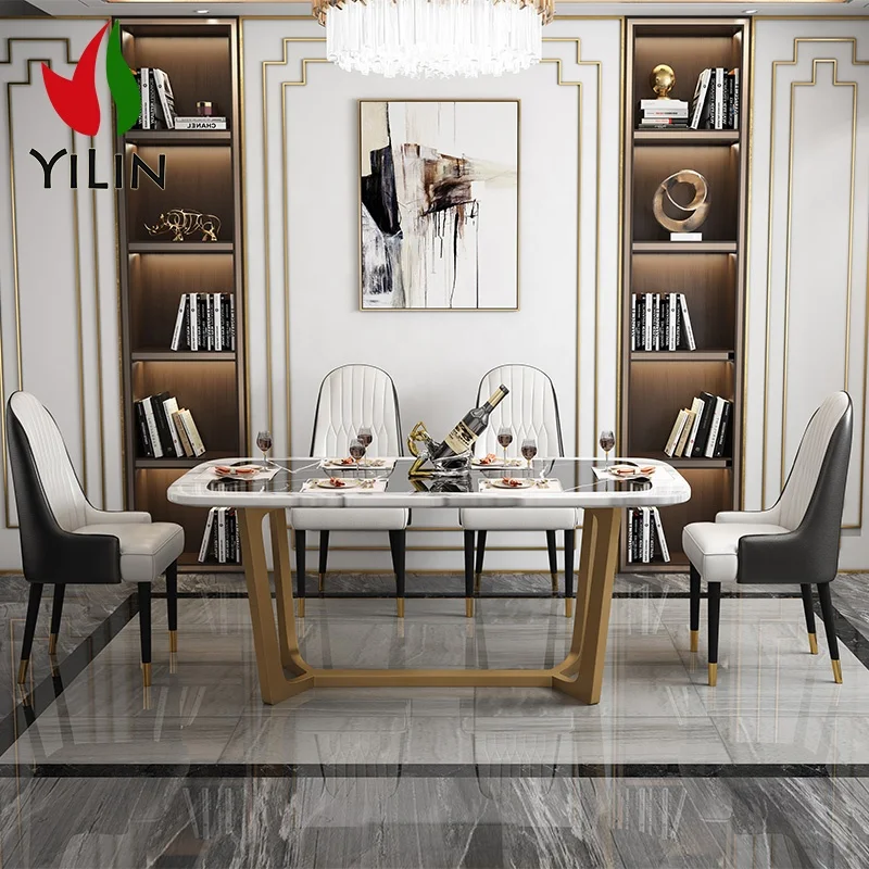 European Design Modern Stainless Steel Base Luxury Home Dining Room Rectangle Shape Marble Dinning Table