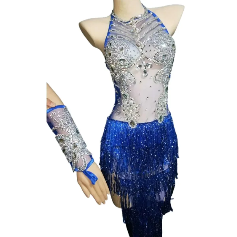 Designer Sleeveless See Through Blue Crystal Tassel Latin Dance Dress Women Strappy Backless Bodysuit Stage Party Club Dress