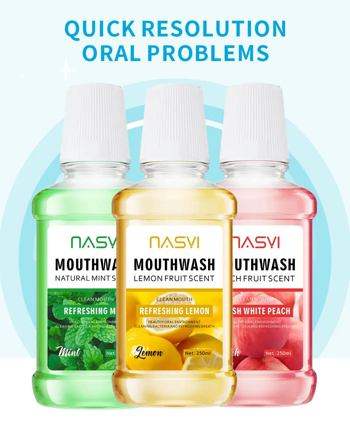 NASYI 250ml mint mouthwash manufacturers wholesale large bottles of peach flavor men and women fresh breath mouthwash