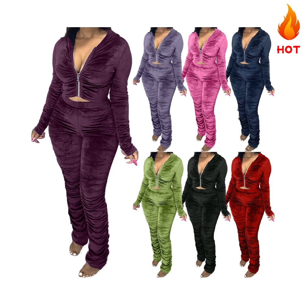 HGL1539 fall winter hoodie ladies two piece set solid color gold velvet pleated zipper long sleeve pencil pant women 2 piece set