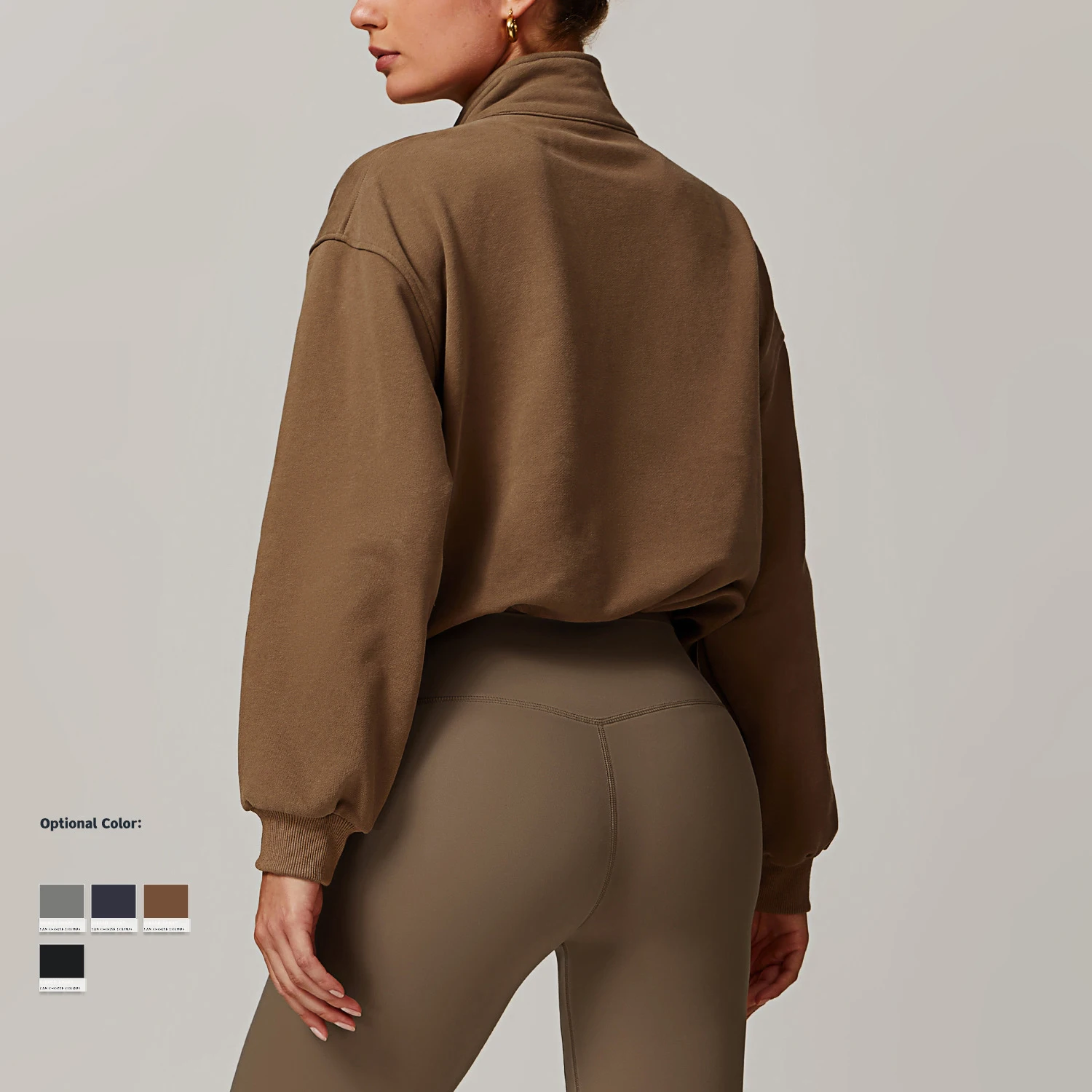 Custom Pullover High Collar Fitness Sports Outdoor Running Pull Rope Zipper Loose Long Sleeve Crop Sweatshirt