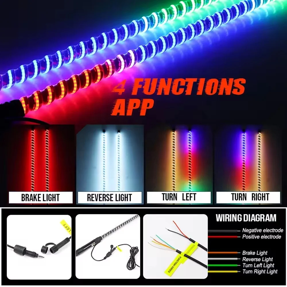 OPOO New superbright spiral  2FT 3FT 4FT 5FT 6FT COB RGB LED whip spiraling light for ATV UTV BOATS SNOWMOBILE