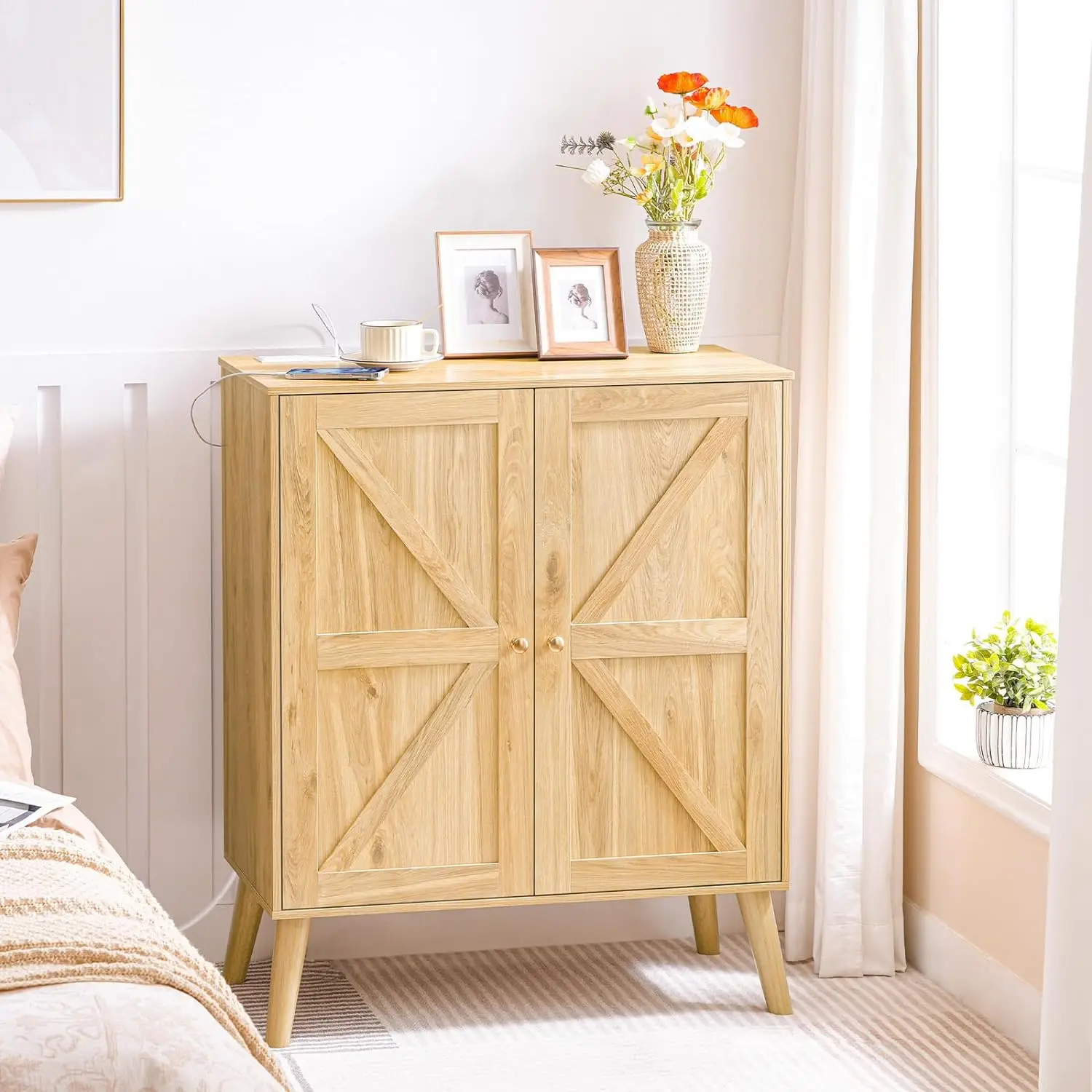 Sideboard Buffet Cabinet with Storage, Power Outlet, Kitchen Cupboard Adjustable Shelves for Living Room,