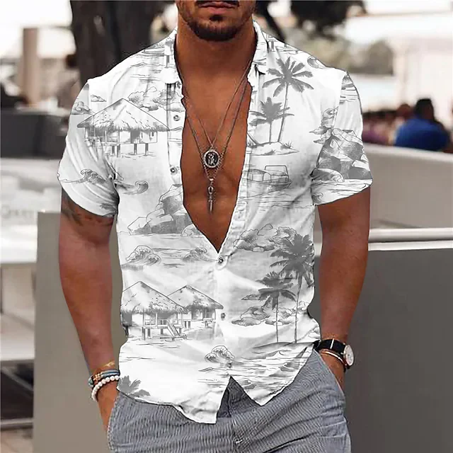 Factory Wholesale Custom Summer Short-sleeved Shirt 3D Print Coconut Tree Graphic Turndown New Fashion Trend Shirt For Men