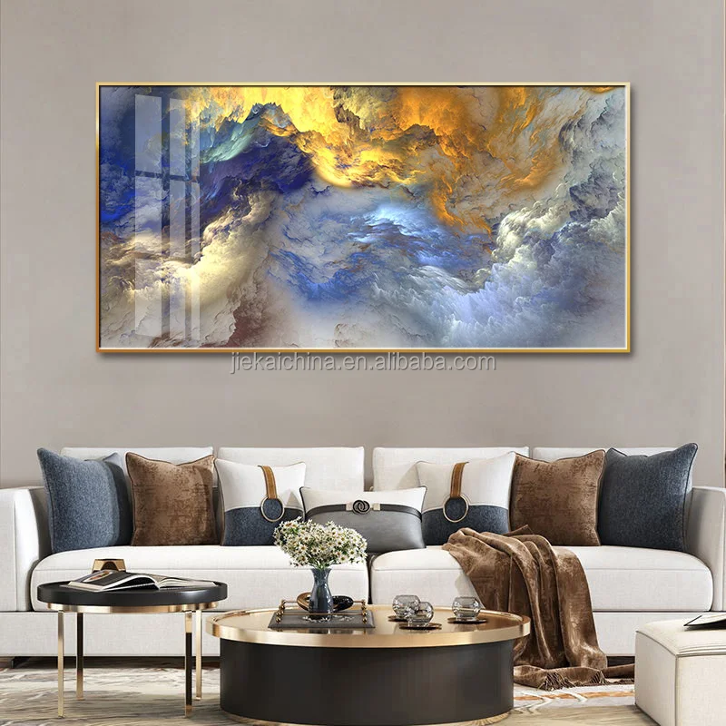 Blue Gold Cloud Canvas Modern Fantasy  large crystal porcelain abstract framed art  glass wall art painting for living room