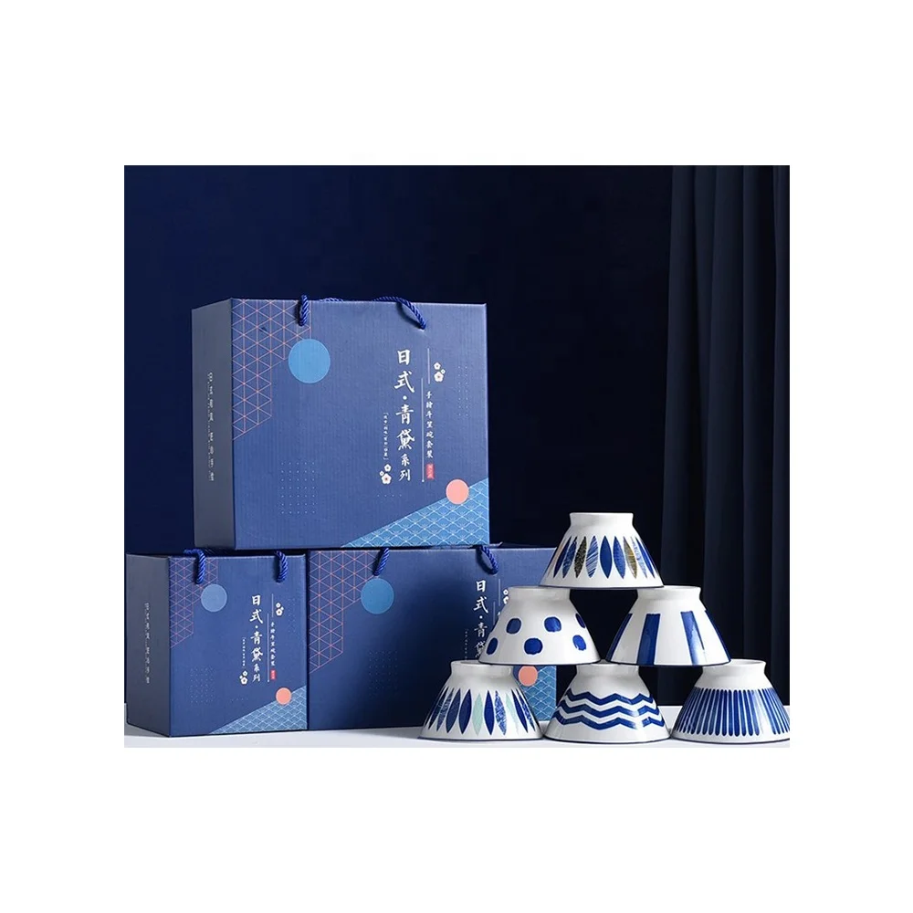 Japanese hand-painted ramen high bowl ceramic tableware set blue and white porcelain dinnerware business giveaway with gift box