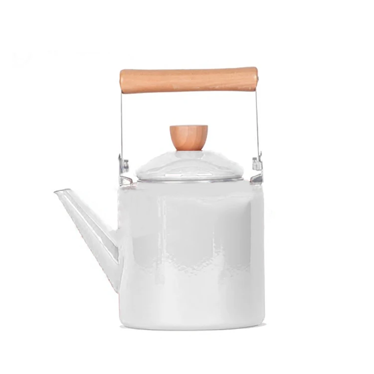 2.0l Custom Color Enamel White Coating Tea Water Kettle Supplier With Wood Handle