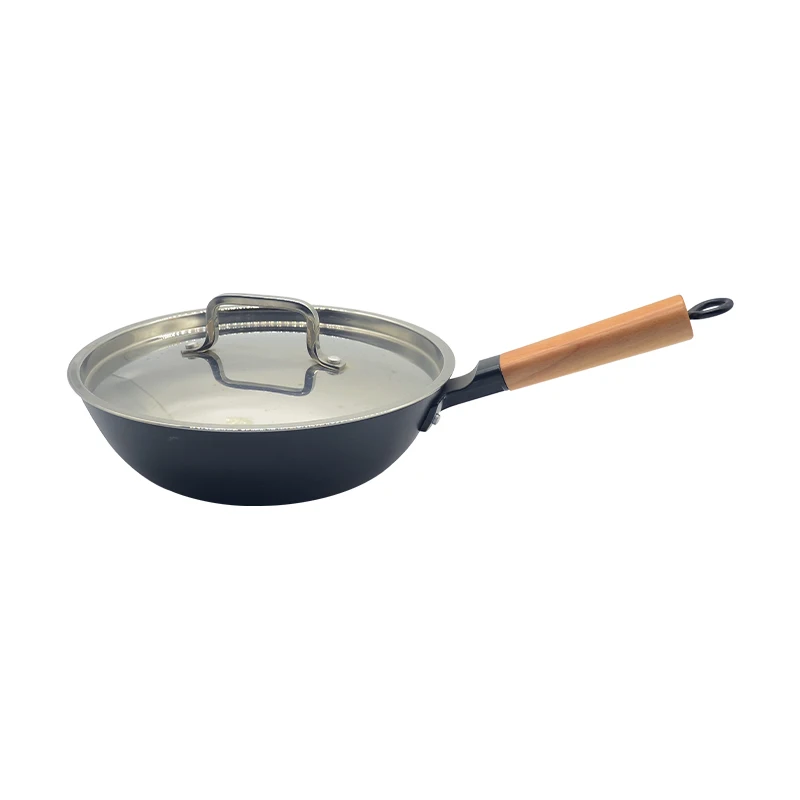 Eco-Friendly Honeycomb Non-stick Cast Iron Woks with Wooden Handle S/S Lid Cover Deep Frying Pan Wok