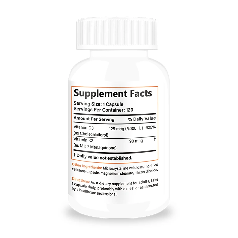 Vitamin K2 (MK7) with D3 Supplement Non-GMO Formula 5000 IU Vitamin D3 & 90 mcg Vitamin K2 MK-7 120 Capsules