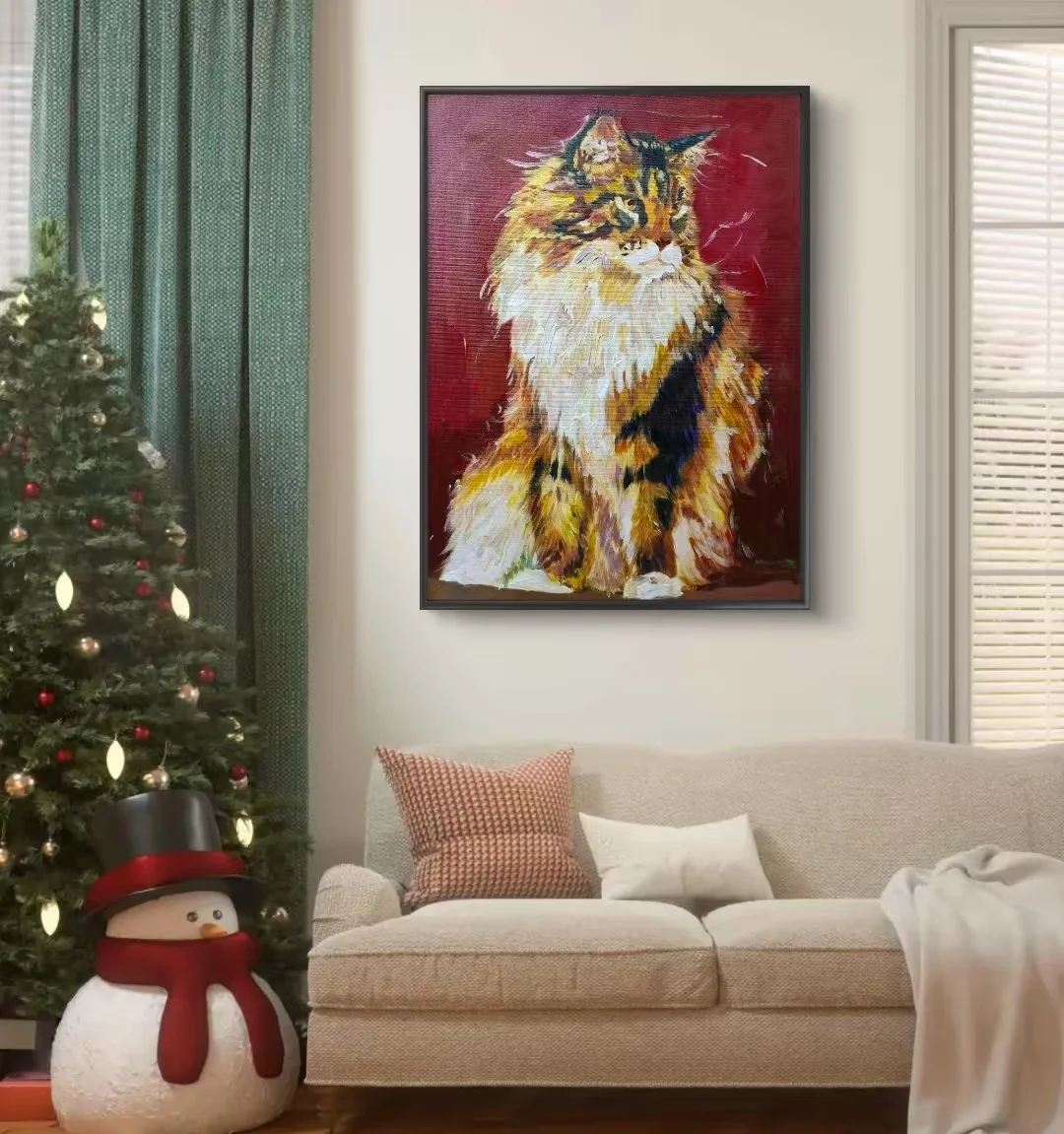 Handmade 100% Impressionist Oil Painting Animal-themed Pet Cat  Portrait on Canvas Framed Anime Design Style Gift