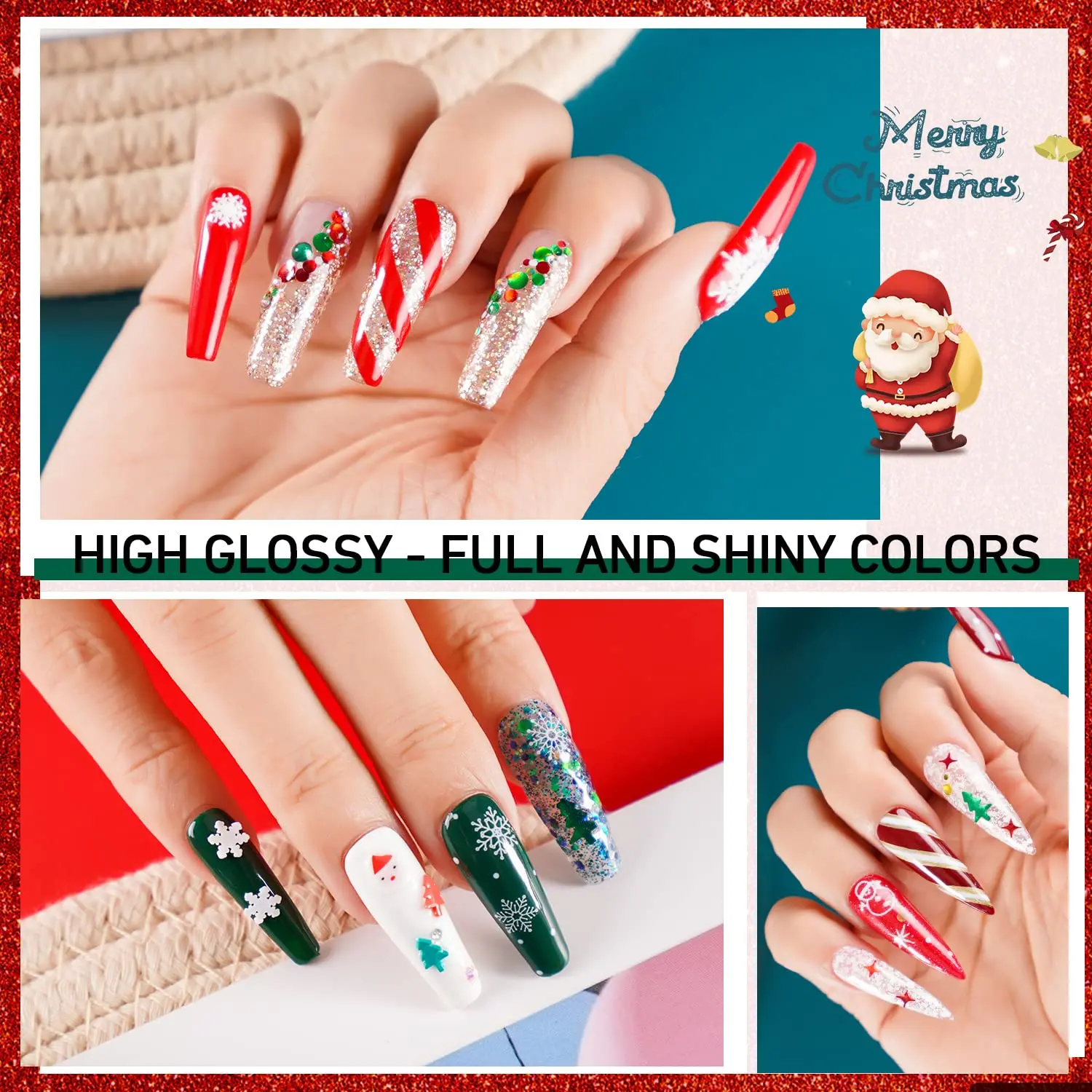 Christmas custom labels red green glitter smooth highly shiny uv gel nail polish