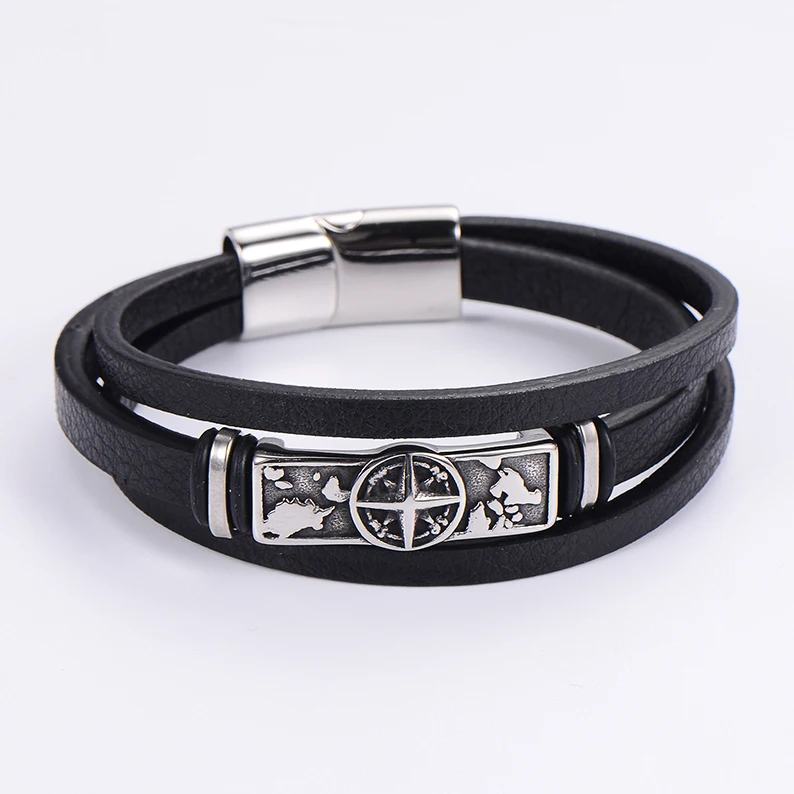 2024 New Multi Layer Braided Lion Dragon Thor Hammer Compass Mens Black Leather Bracelet Magnetic Clasp