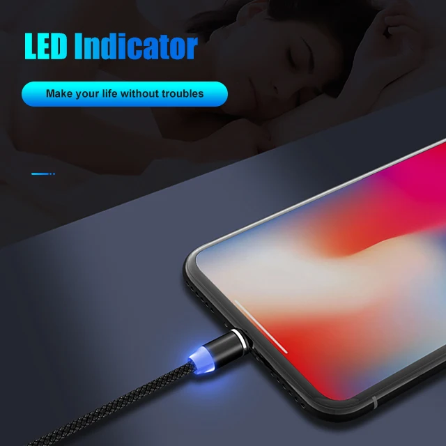 
360 degree rotatable braided 3 in 1 magnetic charging usb cable with LED light 