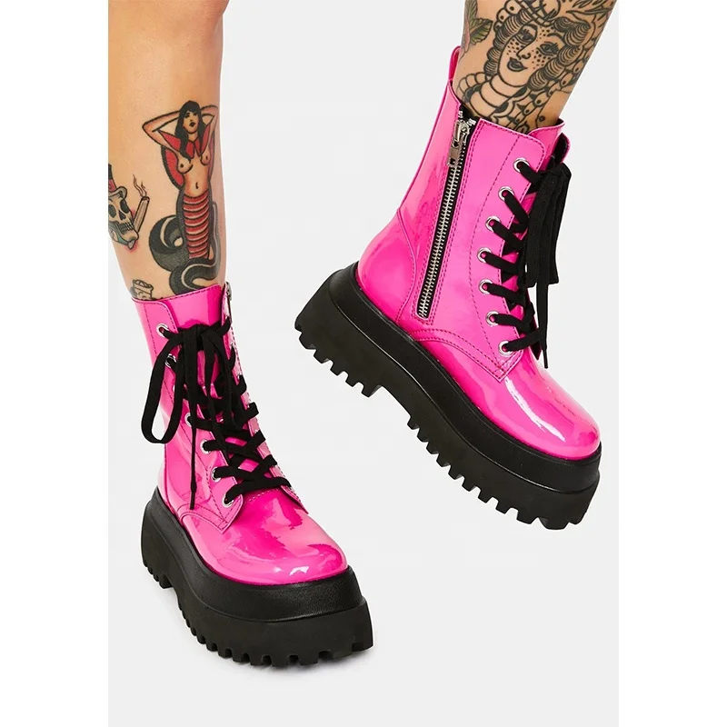 High Quality New Latest Round Toe Rose Red Green Platform Shoes Winter 2022 Big Size Lace Up Glossy Zipper Ankle Women Boots