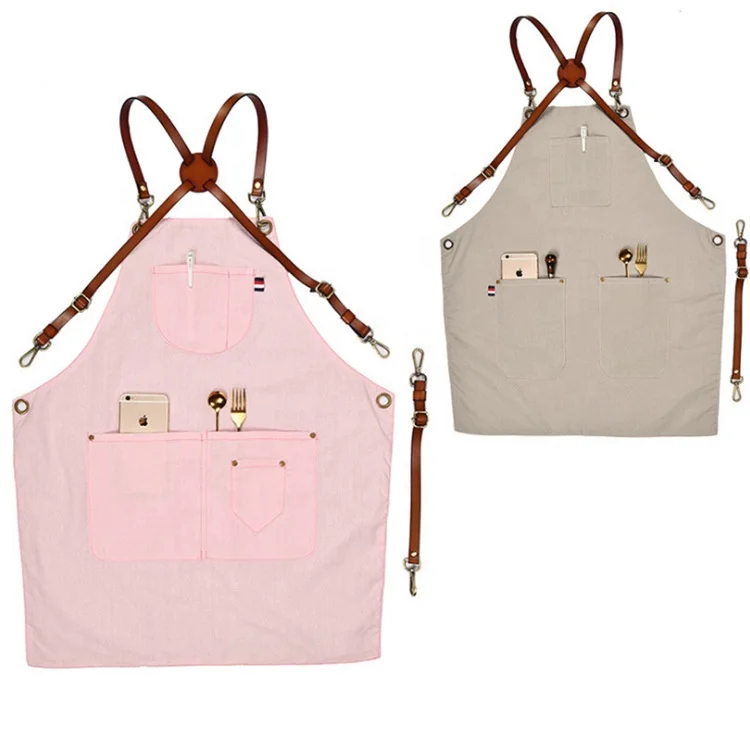 
Double-sided cotton linen apron kitchen restaurant custom logo barista overalls leather shoulder strap tool pocket apron 