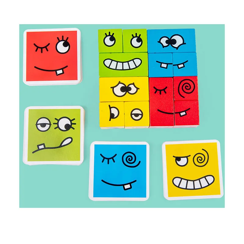 2022 Yicheng Wooden Cube Children Montessori Training Game Wooden Expression Puzzle Building Blocks Face Changing Cube Magic