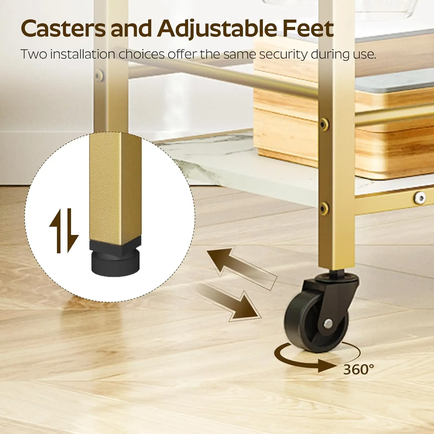 Bar Cart Gold, 3-Tier Serving Cart, Kitchen Cart Mobile Microwave Cart with 6 Hooks Beverage Cart