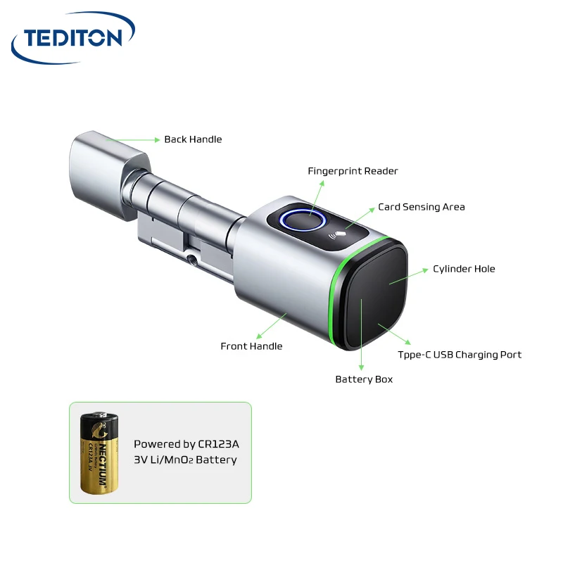 Tediton Tuya APP Remote Unlock Digital Biometric Smart Door Lock Cylinder for Home Apartme