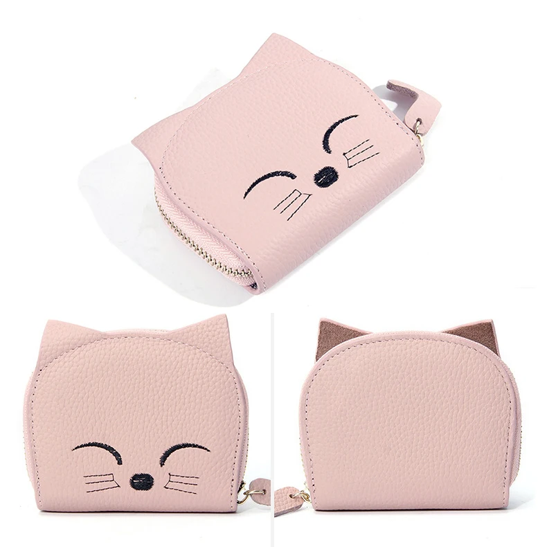 Hot sell Genuine Leather Embroidery Cat Card Holders Ins Cute Sweet Cartoon Short Wallets For Girls Multi-card Sleeve In Stock