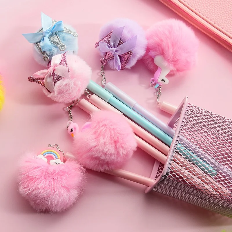 Cute Unicorn Gel Pens kawaii Fur Cartoon Creative animal ball pen pom pom stationery school supplies