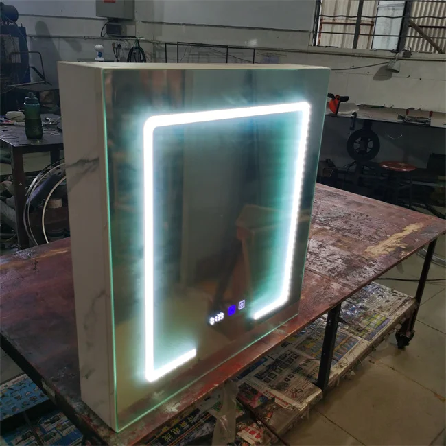 smart mirror cabinet bathroom vanity cabinet with LED clock touch sensor switch IP44 waterproof and anit-fog function