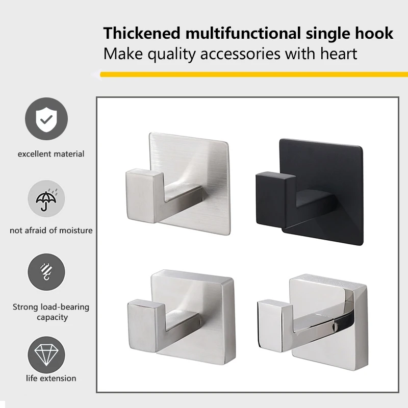 Unique Design Towel Hooks for Bathrooms Brush Nickel Stainless Steel Hook Modern Square Heavy Duty Wall Mount Clothes Hook
