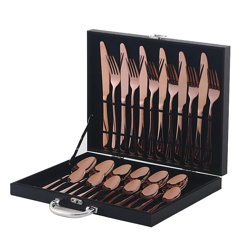 BST Custom logo 24 pcs flatware tableware fork knife spoon luxury cutlery set stainless steel with black wood gift box