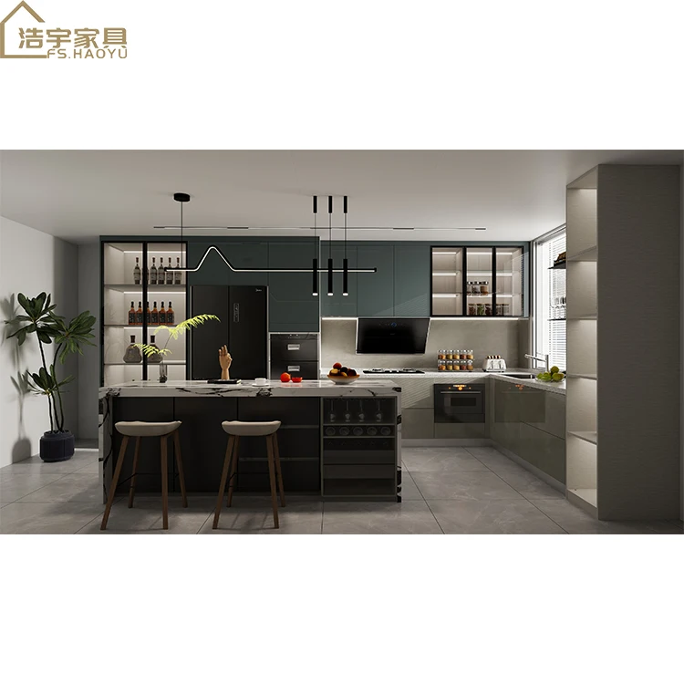 luxury blue designer solid wood melamine home kitchen island cabinet modern wooden kitchen cupboard design with drawer for villa