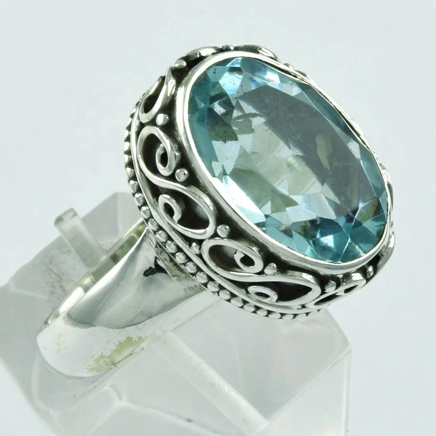 Beautiful Design Blue Topaz Stone Handmade 925 Sterling Silver Ring Wholesaler India