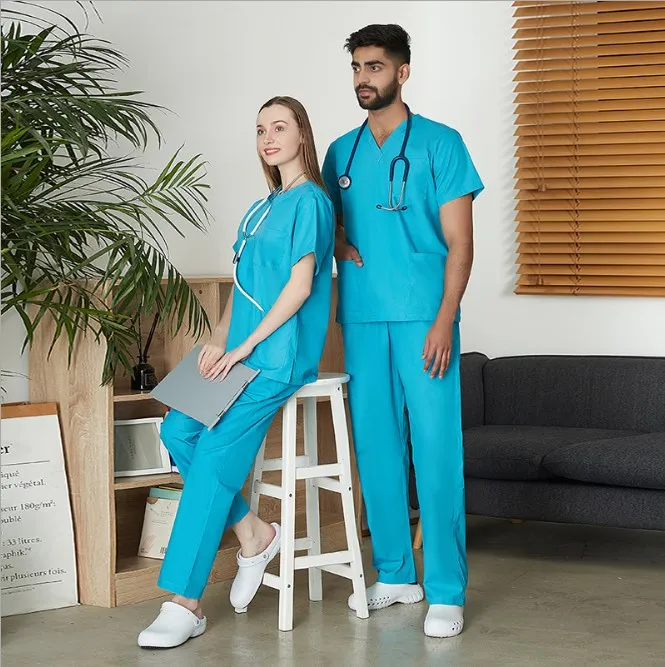 High-end polyester-cotton V-neck surgical gown hand-washing surgical nurse clothes split suit short sleeve custom wholesale