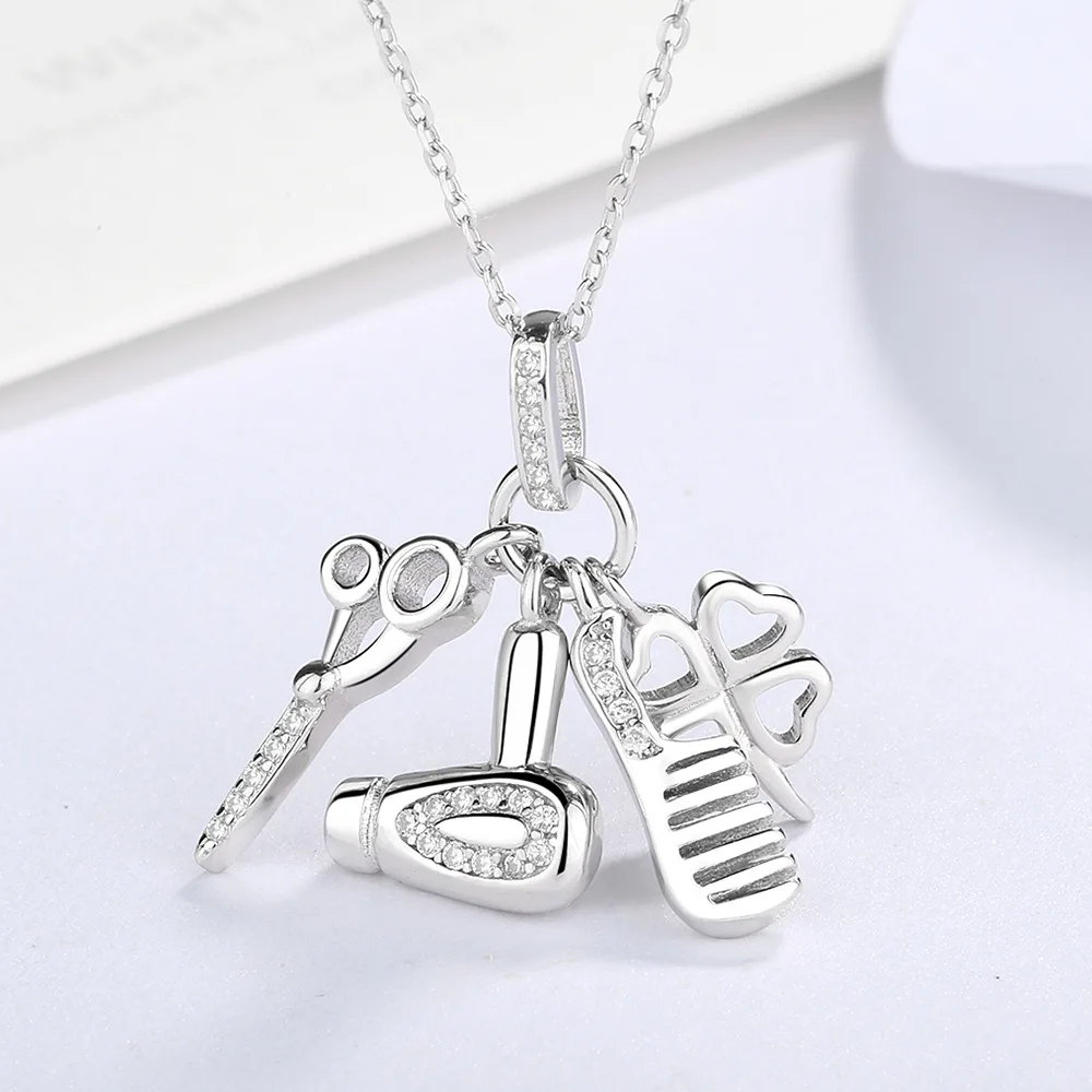 European And American Four-leaf Clover Pendant Scissors Comb Necklace Electroplated Platinum Sterling Silver Jewelry Pendant