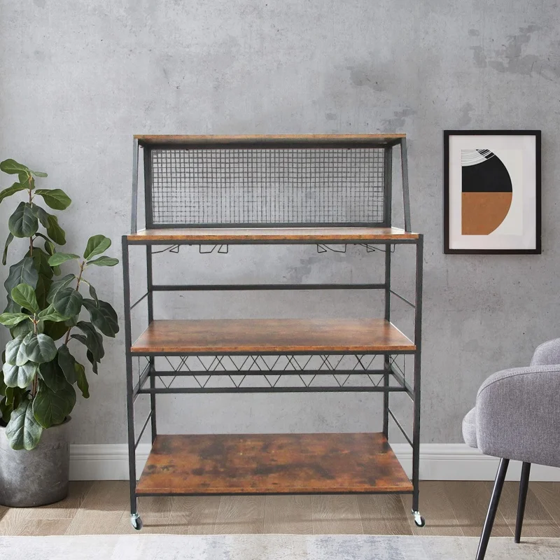 2023 hot saling OEM Kitchen Trolley Large Capacity 3-tier Storage Shelf with Wire Mesh Wine Holders