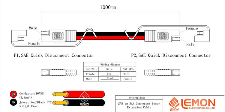 12-36V 16AWG  2Pin SAE to SAE Connector Extension black Cable with DustCap