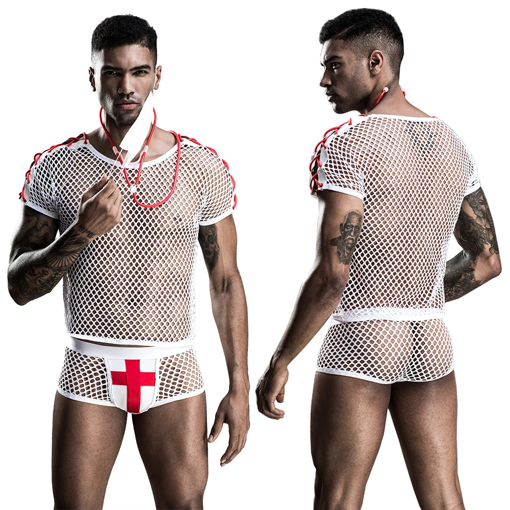 JSY lingerie white fishnet tops and shorts sexy cosplay doctor costumes for men