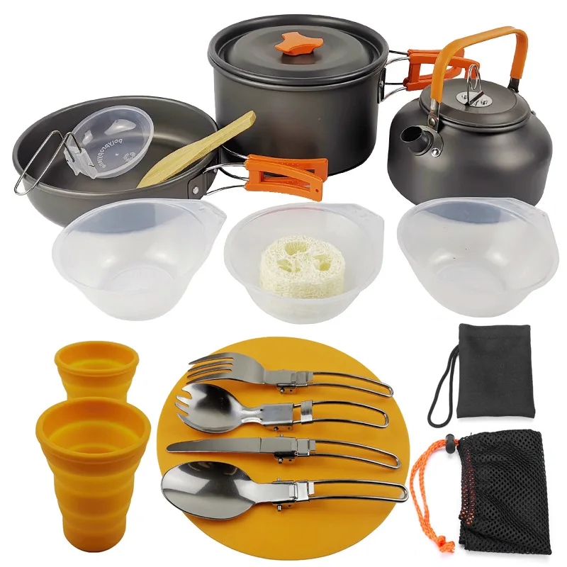 Hiking Picnic Camping Cookware Set Outdoor Aluminum Cooking Set Water Kettle Pan Pot Tourism Travelling BBQ Tableware Equipment