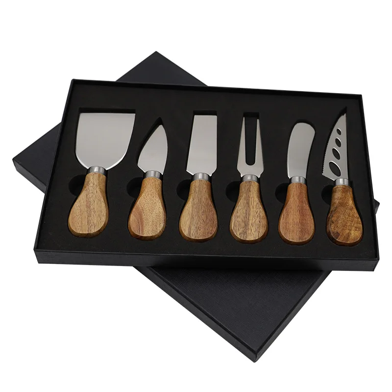 High Quality Cheese Tools Cutter Mini Butter Spreader Forks Acacia Wood Handle Cheese Knife Set with Box