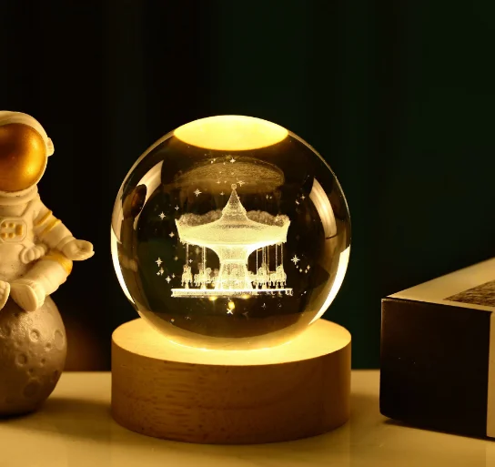 Solar System Planetary Laser 3D interior carved nightlight crystal ball with wood-based LED nightlight