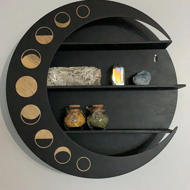 Custom Made Wooden Crystal Shelf Moon Wall Decor Floating Display Rack for Bedroom, Bath, Kitchen