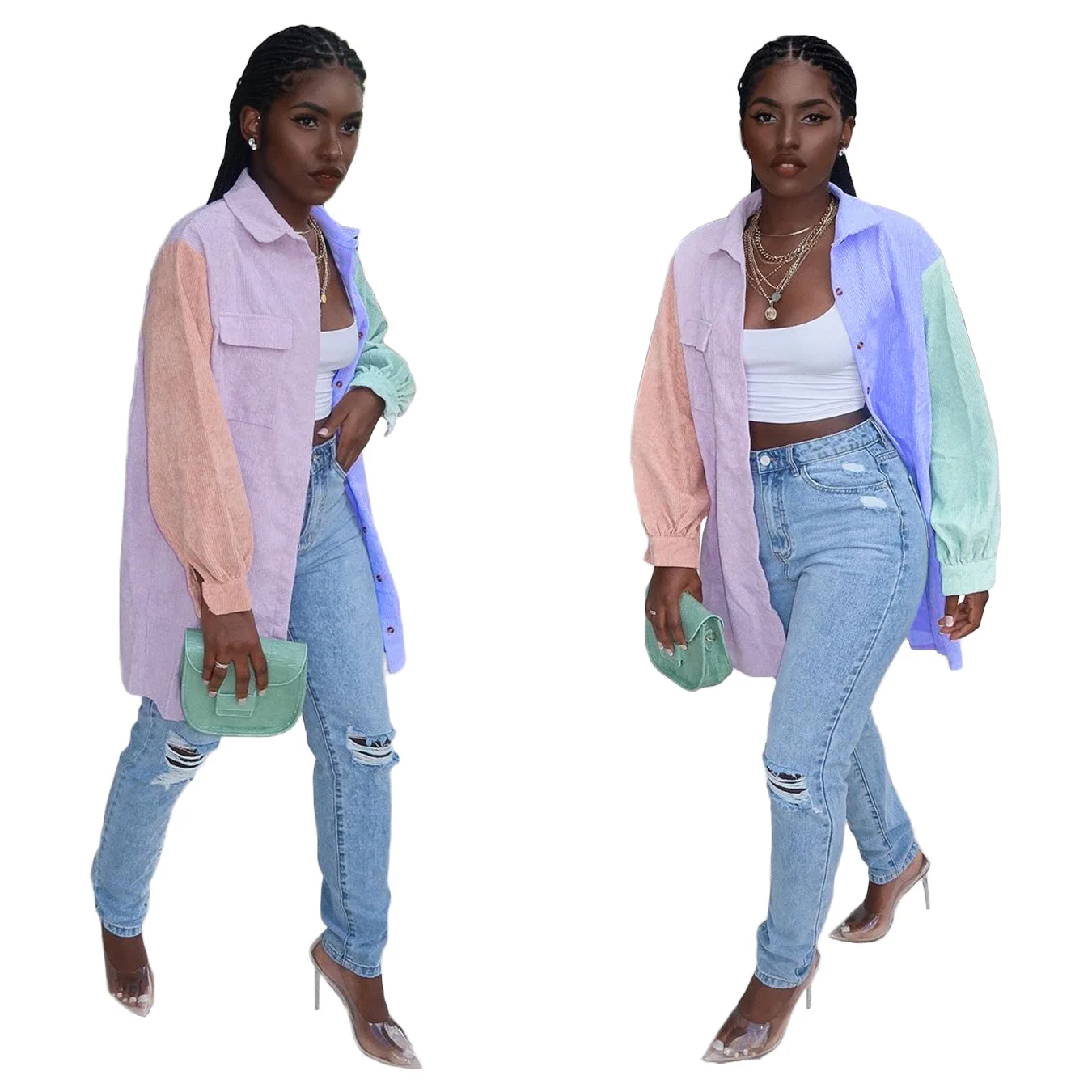 Новый женский модный Повседневный многоцветный кардиган, Вельветовая рубашка на пуговицах