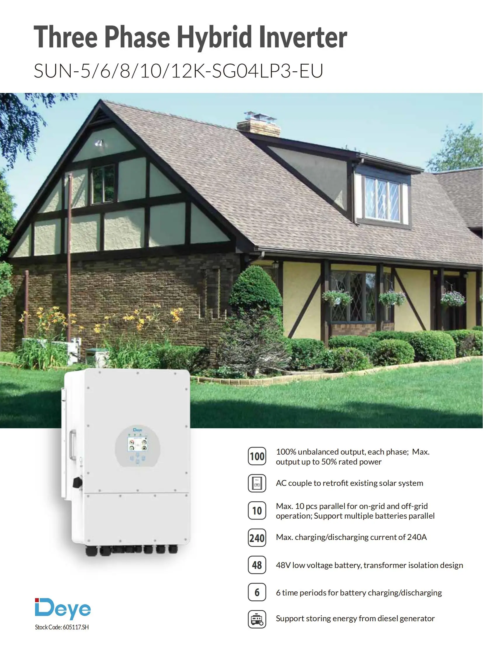 EU Warehouse Deye 12kw 10kw Three Phase DC/AC Hybrid Inverter 5kw 6kw 8kw 3 Phase 48V 220V For Home Hybrid System