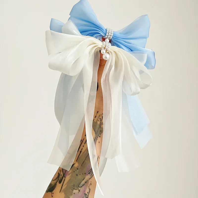 Hot selling pearl versatile back spring clip simple hairpin fashion new gauze net bow hairpin