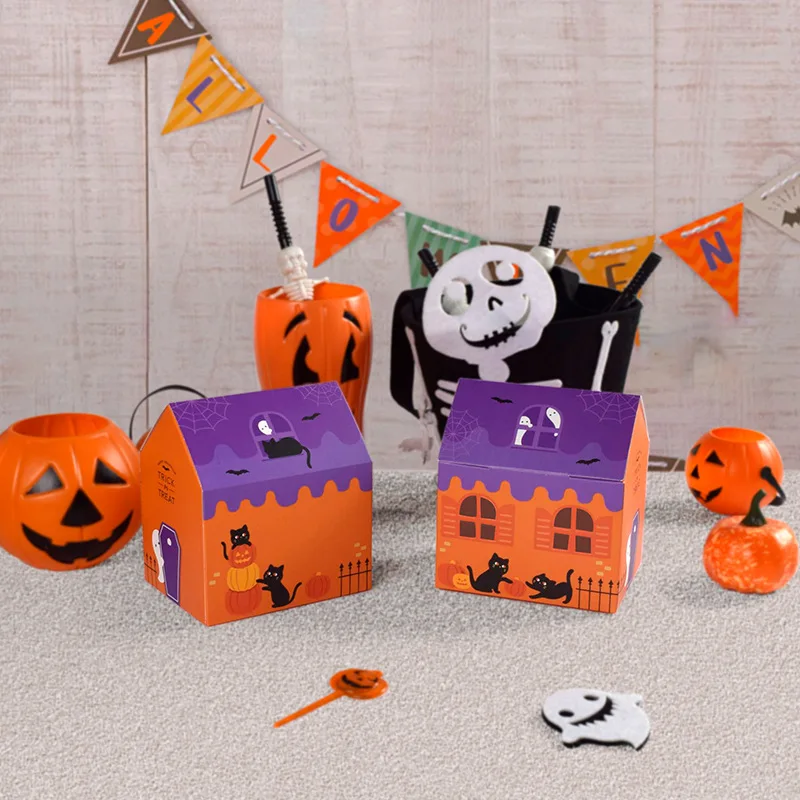 Colorful House-Shaped Nougat Biscuit Packaging for Halloween Creative Spot-on Cookie Gift Favor Made Durable Paperboard Food Use
