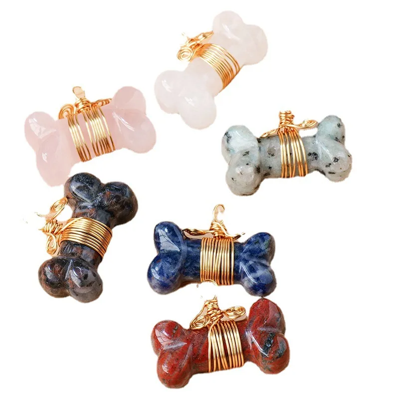 Wholesale Natural Stone Dog Bone Pendant Mini Handmade Carved Crystal Bone Healing Crystal Wire Wrapped Necklace Charm