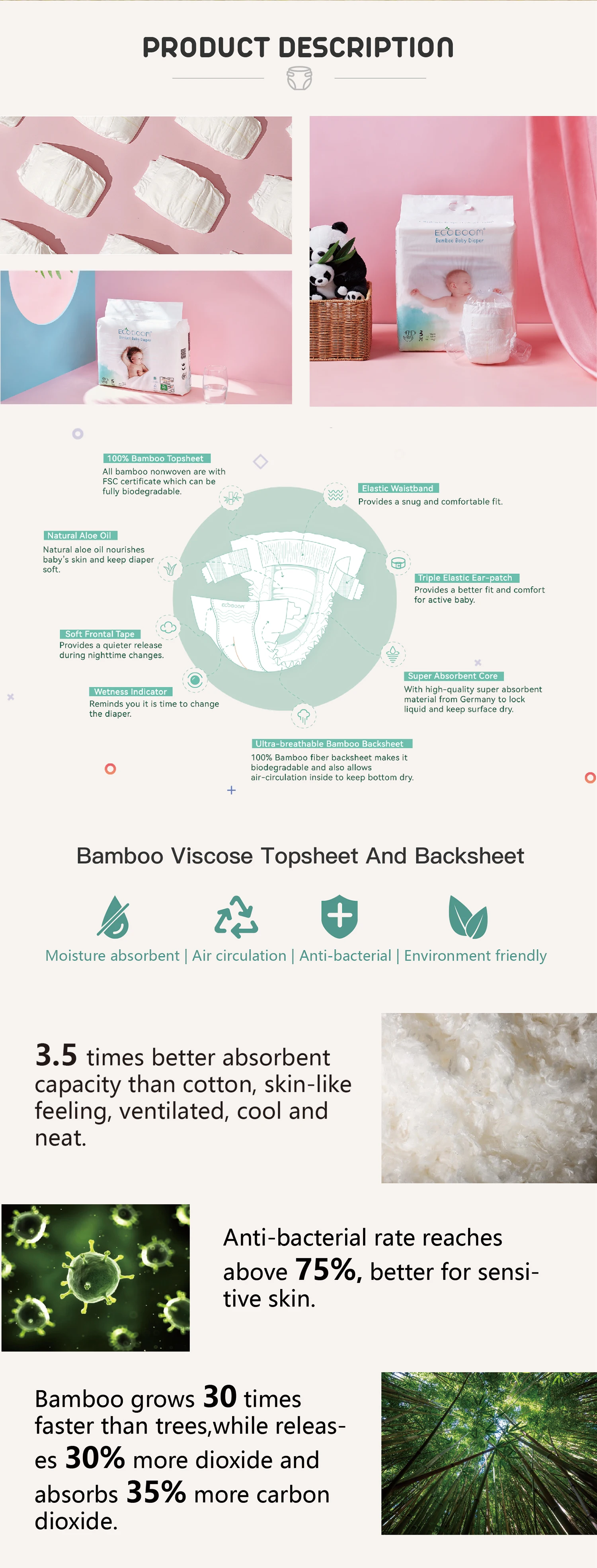 OEM ODM Ecological Bamboo Biodegradable Disposable Infant Baby Diapers Nappy Of Customized Design Wholesale