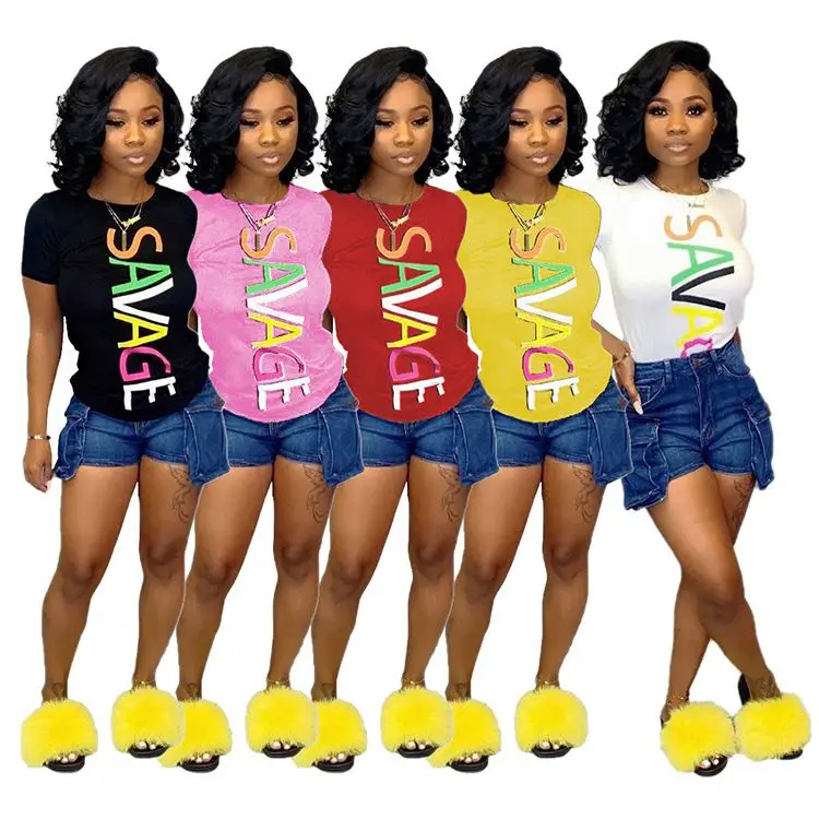 
0819M359 Casual Summer Hot Selling Round Neckline Letter Digital Printed Ladies Tshirt Trendy Design Women Solid Fashion T Shirt 