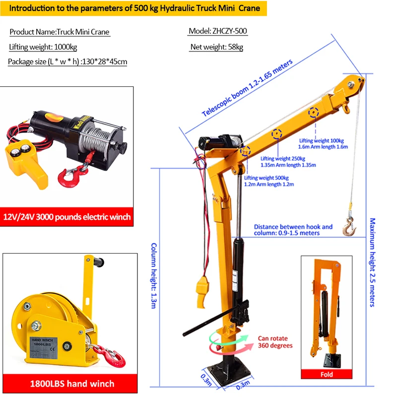 Mini Lifting 1000 Electric Small Mini Truck Crane For Car Pick Up Goods Manufacturer Crane Arm