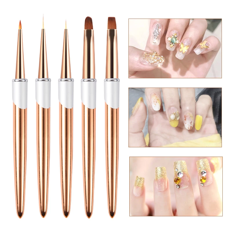 Nail Supplies Bulk Super Fine Art Brush Metal Rose Gold Handle Round/Square/Oval/Universal Fan Liner Flowers