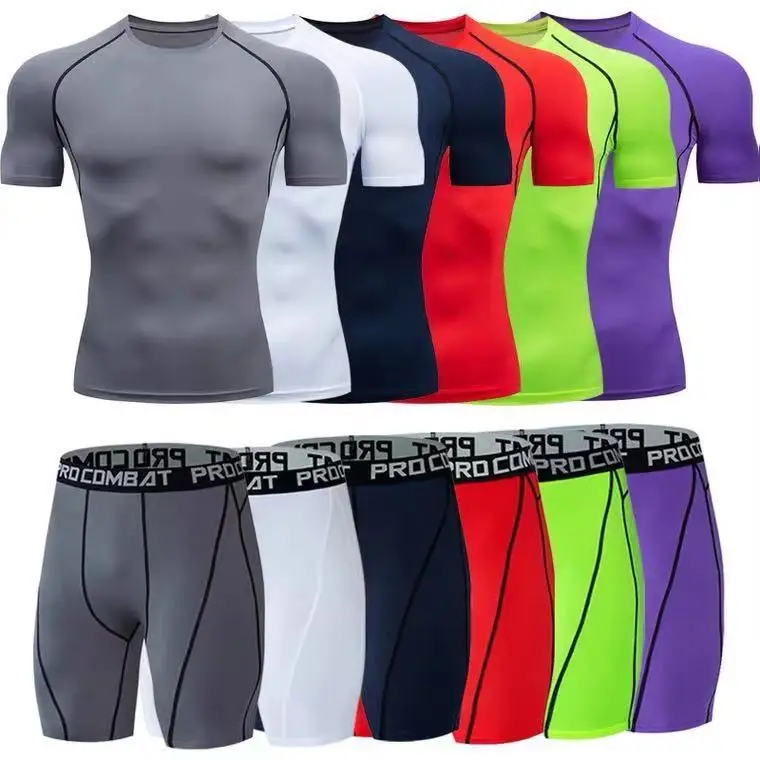 Running and sports tight fitting clothes high elasticity breathable mma rash guard set men short sleeves Fitness suit