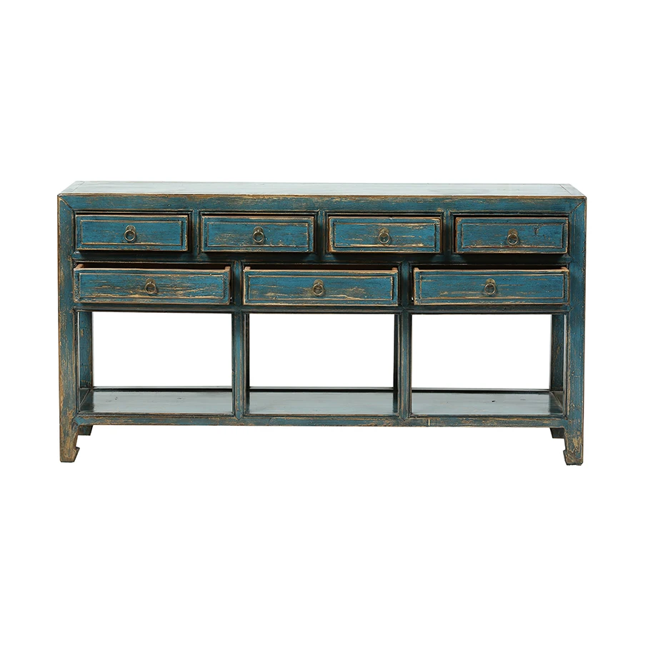 Chinese antique distressed lacquered solid wood three drawers table desk