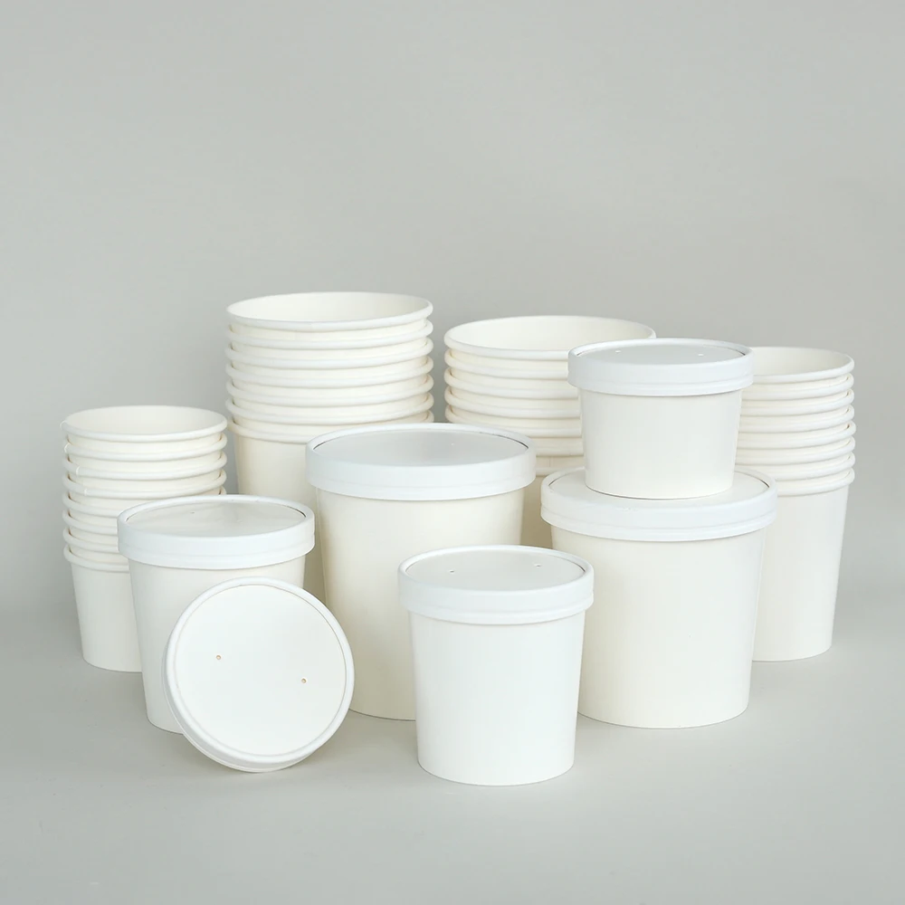 Frozen Dessert Cups Disposable White Paper Ice Cream Bowl Cups Freezer Containers With Lids for Meal Prep Soup